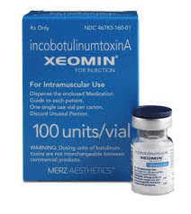 Xeomin (incobotulinumtoxinA) carton and vial, 100 units per vial
