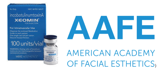 Xeomin (incobotulinumtoxinA) 100-unit carton and vial beside the American Academy of Facial Esthetics logo